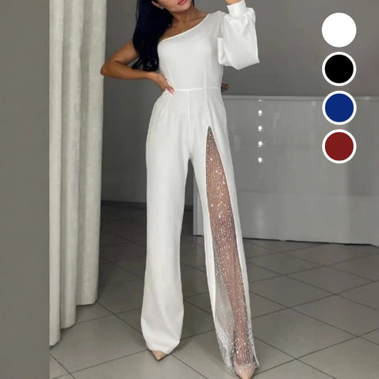 📦Dodání zdarma📦Női Jedno rameno Sparkly Mesh Mesh Flared Jumpsuitok